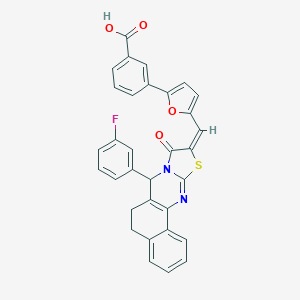 molecular formula C32H21FN2O4S B492960 3-[5-[(E)-[11-(3-fluorophenyl)-13-oxo-15-thia-12,17-diazatetracyclo[8.7.0.02,7.012,16]heptadeca-1(10),2,4,6,16-pentaen-14-ylidene]methyl]furan-2-yl]benzoic acid 