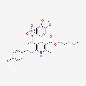 molecular formula C29H30N2O8S B4930008 2-(ethylthio)ethyl 7-(4-methoxyphenyl)-2-methyl-4-(6-nitro-1,3-benzodioxol-5-yl)-5-oxo-1,4,5,6,7,8-hexahydro-3-quinolinecarboxylate 