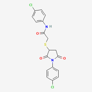 molecular formula C18H14Cl2N2O3S B4930156 N-(4-chlorophenyl)-2-{[1-(4-chlorophenyl)-2,5-dioxo-3-pyrrolidinyl]thio}acetamide 