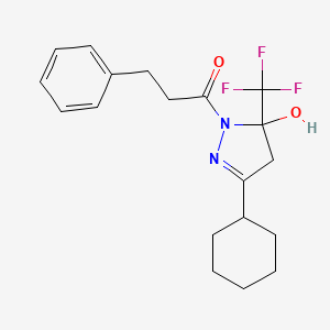 molecular formula C19H23F3N2O2 B4930630 3-cyclohexyl-1-(3-phenylpropanoyl)-5-(trifluoromethyl)-4,5-dihydro-1H-pyrazol-5-ol 