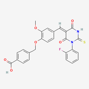 molecular formula C26H19FN2O6S B4931392 4-[(4-{[1-(2-fluorophenyl)-4,6-dioxo-2-thioxotetrahydro-5(2H)-pyrimidinylidene]methyl}-2-methoxyphenoxy)methyl]benzoic acid 