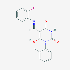 molecular formula C18H14FN3O3 B4931684 5-{[(2-fluorophenyl)amino]methylene}-1-(2-methylphenyl)-2,4,6(1H,3H,5H)-pyrimidinetrione 