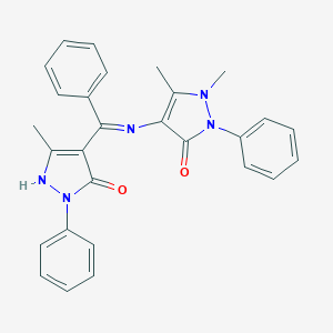 molecular formula C28H25N5O2 B493202 1,5-dimethyl-4-{[(3-methyl-5-oxo-1-phenyl-1,5-dihydro-4H-pyrazol-4-ylidene)(phenyl)methyl]amino}-2-phenyl-1,2-dihydro-3H-pyrazol-3-one 