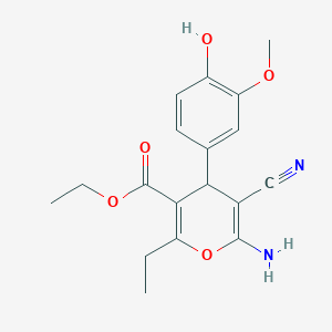 molecular formula C18H20N2O5 B4932443 ethyl 6-amino-5-cyano-2-ethyl-4-(4-hydroxy-3-methoxyphenyl)-4H-pyran-3-carboxylate 