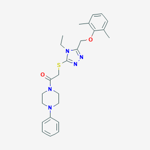 molecular formula C25H31N5O2S B493429 2-[[5-[(2,6-Dimethylphenoxy)methyl]-4-ethyl-1,2,4-triazol-3-yl]thio]-1-(4-phenyl-1-piperazinyl)ethanone 