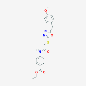 molecular formula C21H21N3O5S B493431 Ethyl 4-[({[5-(4-methoxybenzyl)-1,3,4-oxadiazol-2-yl]sulfanyl}acetyl)amino]benzoate 