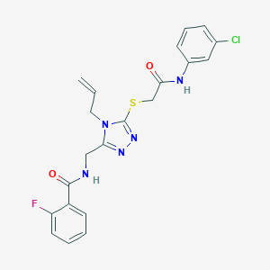 molecular formula C21H19ClFN5O2S B493452 N-{[5-({2-[(3-chlorophenyl)amino]-2-oxoethyl}sulfanyl)-4-(prop-2-en-1-yl)-4H-1,2,4-triazol-3-yl]methyl}-2-fluorobenzamide 