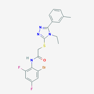molecular formula C19H17BrF2N4OS B493457 N-(2-bromo-4,6-difluorophenyl)-2-{[4-ethyl-5-(3-methylphenyl)-4H-1,2,4-triazol-3-yl]sulfanyl}acetamide CAS No. 724746-74-1