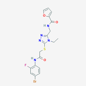 molecular formula C18H17BrFN5O3S B493466 N-{[5-({2-[(4-bromo-2-fluorophenyl)amino]-2-oxoethyl}sulfanyl)-4-ethyl-4H-1,2,4-triazol-3-yl]methyl}furan-2-carboxamide 