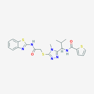 molecular formula C21H22N6O2S3 B493476 N-[1-(5-{[2-(1,3-benzothiazol-2-ylamino)-2-oxoethyl]sulfanyl}-4-methyl-4H-1,2,4-triazol-3-yl)-2-methylpropyl]-2-thiophenecarboxamide 