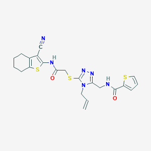 molecular formula C22H22N6O2S3 B493484 N-{[4-allyl-5-({2-[(3-cyano-4,5,6,7-tetrahydro-1-benzothien-2-yl)amino]-2-oxoethyl}sulfanyl)-4H-1,2,4-triazol-3-yl]methyl}-2-thiophenecarboxamide 