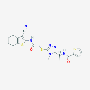 molecular formula C21H22N6O2S3 B493486 N-{1-[5-({2-[(3-cyano-4,5,6,7-tetrahydro-1-benzothien-2-yl)amino]-2-oxoethyl}sulfanyl)-4-methyl-4H-1,2,4-triazol-3-yl]ethyl}-2-thiophenecarboxamide 