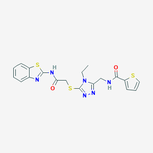 molecular formula C19H18N6O2S3 B493488 N-[(5-{[2-(1,3-benzothiazol-2-ylamino)-2-oxoethyl]sulfanyl}-4-ethyl-4H-1,2,4-triazol-3-yl)methyl]-2-thiophenecarboxamide 