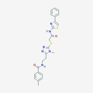 molecular formula C24H24N6O2S2 B493497 4-methyl-N-{2-[4-methyl-5-({2-oxo-2-[(4-phenyl-1,3-thiazol-2-yl)amino]ethyl}sulfanyl)-4H-1,2,4-triazol-3-yl]ethyl}benzamide 