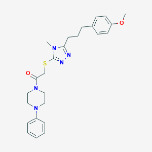 molecular formula C25H31N5O2S B493508 2-({5-[3-(4-methoxyphenyl)propyl]-4-methyl-4H-1,2,4-triazol-3-yl}sulfanyl)-1-(4-phenylpiperazin-1-yl)ethanone 