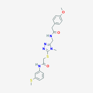 molecular formula C22H25N5O3S2 B493527 2-(4-methoxyphenyl)-N-({4-methyl-5-[(2-{[3-(methylsulfanyl)phenyl]amino}-2-oxoethyl)sulfanyl]-4H-1,2,4-triazol-3-yl}methyl)acetamide 