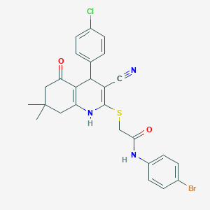molecular formula C26H23BrClN3O2S B4935325 N-(4-bromophenyl)-2-{[4-(4-chlorophenyl)-3-cyano-7,7-dimethyl-5-oxo-1,4,5,6,7,8-hexahydro-2-quinolinyl]thio}acetamide 