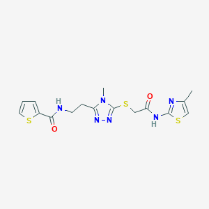 molecular formula C16H18N6O2S3 B493535 N-{2-[4-methyl-5-({2-[(4-methyl-1,3-thiazol-2-yl)amino]-2-oxoethyl}sulfanyl)-4H-1,2,4-triazol-3-yl]ethyl}-2-thiophenecarboxamide 