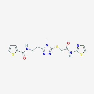 molecular formula C15H16N6O2S3 B493536 N-[2-(4-methyl-5-{[2-oxo-2-(1,3-thiazol-2-ylamino)ethyl]sulfanyl}-4H-1,2,4-triazol-3-yl)ethyl]-2-thiophenecarboxamide 