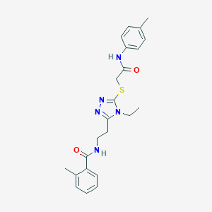 molecular formula C23H27N5O2S B493563 N-[2-(4-ethyl-5-{[2-oxo-2-(4-toluidino)ethyl]sulfanyl}-4H-1,2,4-triazol-3-yl)ethyl]-2-methylbenzamide 
