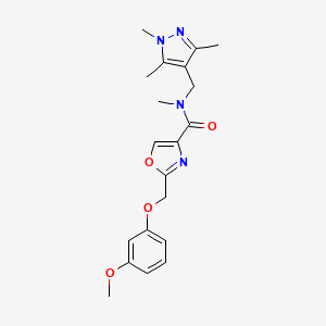 molecular formula C20H24N4O4 B4935956 2-[(3-methoxyphenoxy)methyl]-N-methyl-N-[(1,3,5-trimethyl-1H-pyrazol-4-yl)methyl]-1,3-oxazole-4-carboxamide 