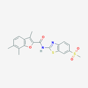 molecular formula C20H18N2O4S2 B493628 3,6,7-trimethyl-N-[6-(methylsulfonyl)-1,3-benzothiazol-2-yl]-1-benzofuran-2-carboxamide CAS No. 724741-35-9