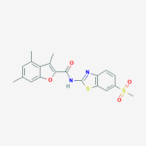 molecular formula C20H18N2O4S2 B493630 3,4,6-trimethyl-N-[6-(methylsulfonyl)-1,3-benzothiazol-2-yl]-1-benzofuran-2-carboxamide CAS No. 724741-38-2