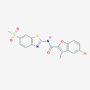 molecular formula C18H13BrN2O4S2 B493633 5-bromo-3-methyl-N-[6-(methylsulfonyl)-1,3-benzothiazol-2-yl]-1-benzofuran-2-carboxamide CAS No. 724741-51-9