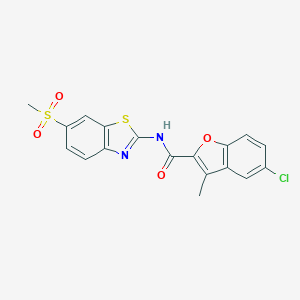 molecular formula C18H13ClN2O4S2 B493636 5-chloro-3-methyl-N-[6-(methylsulfonyl)-1,3-benzothiazol-2-yl]-1-benzofuran-2-carboxamide CAS No. 724741-57-5