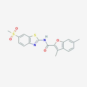 molecular formula C19H16N2O4S2 B493643 3,6-dimethyl-N-[6-(methylsulfonyl)-1,3-benzothiazol-2-yl]-1-benzofuran-2-carboxamide CAS No. 714261-76-4