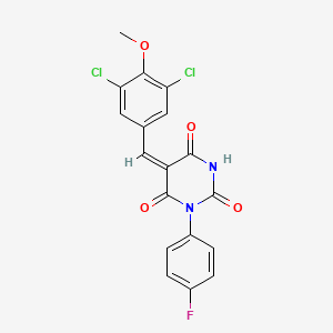 molecular formula C18H11Cl2FN2O4 B4936538 5-(3,5-dichloro-4-methoxybenzylidene)-1-(4-fluorophenyl)-2,4,6(1H,3H,5H)-pyrimidinetrione 