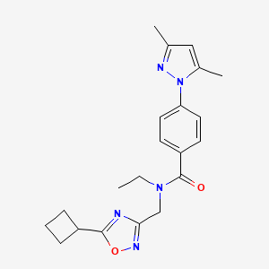 molecular formula C21H25N5O2 B4936565 N-[(5-cyclobutyl-1,2,4-oxadiazol-3-yl)methyl]-4-(3,5-dimethyl-1H-pyrazol-1-yl)-N-ethylbenzamide 