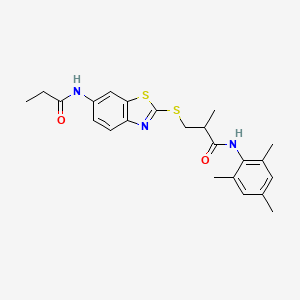 molecular formula C23H27N3O2S2 B4936801 N-mesityl-2-methyl-3-{[6-(propionylamino)-1,3-benzothiazol-2-yl]thio}propanamide 