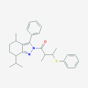 molecular formula C28H34N2OS B493682 3-(7-isopropyl-4-methyl-3-phenyl-4,5,6,7-tetrahydro-2H-indazol-2-yl)-1,2-dimethyl-3-oxopropyl phenyl sulfide 