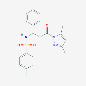 molecular formula C21H23N3O3S B493691 N-[3-(3,5-dimethyl-1H-pyrazol-1-yl)-3-oxo-1-phenylpropyl]-4-methylbenzenesulfonamide 