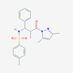 molecular formula C22H25N3O3S B493693 N-[3-(3,5-dimethyl-1H-pyrazol-1-yl)-2-methyl-3-oxo-1-phenylpropyl]-4-methylbenzenesulfonamide 