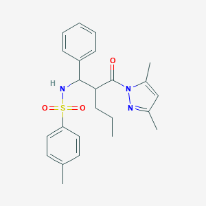 molecular formula C24H29N3O3S B493705 N-{2-[(3,5-dimethyl-1H-pyrazol-1-yl)carbonyl]-1-phenylpentyl}-4-methylbenzenesulfonamide 