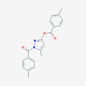 molecular formula C20H18N2O3 B493717 5-methyl-1-(4-methylbenzoyl)-1H-pyrazol-3-yl 4-methylbenzoate 