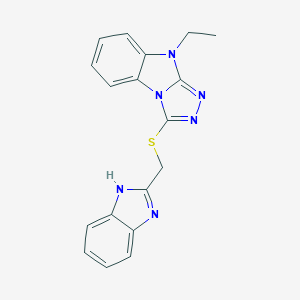 molecular formula C18H16N6S B493895 1H-benzimidazol-2-ylmethyl 9-ethyl-9H-[1,2,4]triazolo[4,3-a]benzimidazol-3-yl sulfide 