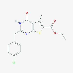 molecular formula C17H15ClN2O3S B493956 ethyl 2-[(4-chlorophenyl)methyl]-5-methyl-4-oxo-3H-thieno[2,3-d]pyrimidine-6-carboxylate CAS No. 724745-51-1
