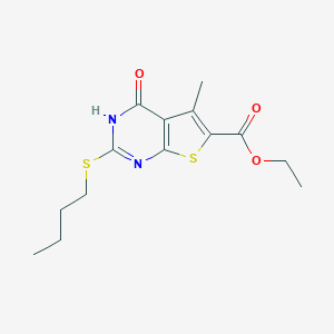 molecular formula C14H18N2O3S2 B493961 Ethyl 2-(butylsulfanyl)-5-methyl-4-oxo-3,4-dihydrothieno[2,3-d]pyrimidine-6-carboxylate 