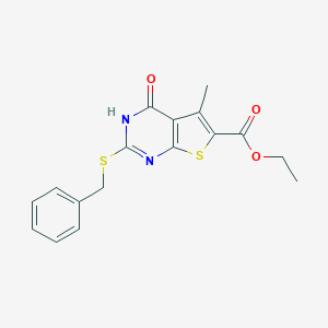 molecular formula C17H16N2O3S2 B493962 Ethyl 2-(benzylsulfanyl)-5-methyl-4-oxo-3,4-dihydrothieno[2,3-d]pyrimidine-6-carboxylate 