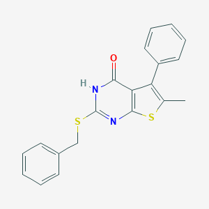 molecular formula C20H16N2OS2 B493991 2-(benzylsulfanyl)-6-methyl-5-phenylthieno[2,3-d]pyrimidin-4(3H)-one 