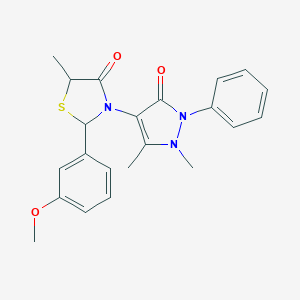 molecular formula C22H23N3O3S B494099 3-(1,5-dimethyl-3-oxo-2-phenyl-2,3-dihydro-1H-pyrazol-4-yl)-2-(3-methoxyphenyl)-5-methyl-1,3-thiazolidin-4-one 