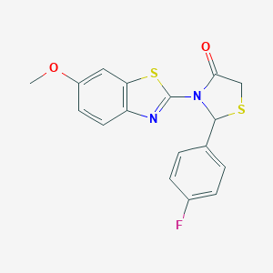 molecular formula C17H13FN2O2S2 B494100 2-(4-Fluorophenyl)-3-(6-methoxy-1,3-benzothiazol-2-yl)-1,3-thiazolidin-4-one 