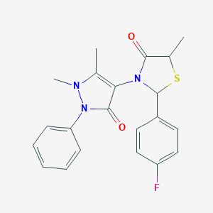 molecular formula C21H20FN3O2S B494108 3-(1,5-dimethyl-3-oxo-2-phenyl-2,3-dihydro-1H-pyrazol-4-yl)-2-(4-fluorophenyl)-5-methyl-1,3-thiazolidin-4-one 