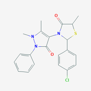 molecular formula C21H20ClN3O2S B494111 2-(4-chlorophenyl)-3-(1,5-dimethyl-3-oxo-2-phenyl-2,3-dihydro-1H-pyrazol-4-yl)-5-methyl-1,3-thiazolidin-4-one 