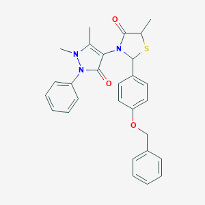 molecular formula C28H27N3O3S B494115 2-[4-(benzyloxy)phenyl]-3-(1,5-dimethyl-3-oxo-2-phenyl-2,3-dihydro-1H-pyrazol-4-yl)-5-methyl-1,3-thiazolidin-4-one 
