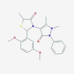 molecular formula C23H25N3O4S B494126 2-(2,5-dimethoxyphenyl)-3-(1,5-dimethyl-3-oxo-2-phenyl-2,3-dihydro-1H-pyrazol-4-yl)-5-methyl-1,3-thiazolidin-4-one 