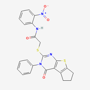 molecular formula C23H18N4O4S2 B4941511 N-(2-nitrophenyl)-2-[(4-oxo-3-phenyl-3,5,6,7-tetrahydro-4H-cyclopenta[4,5]thieno[2,3-d]pyrimidin-2-yl)thio]acetamide CAS No. 5748-14-1